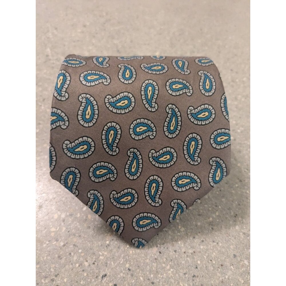Land's End Necktie Men's 55x3.5 Inch Gray Paisley Blue And Yellow